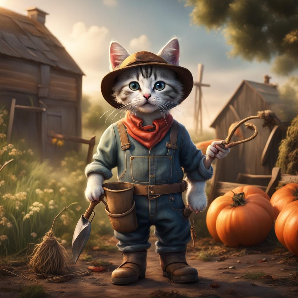 Kitten Farmer in Detailed Matte Painting Style