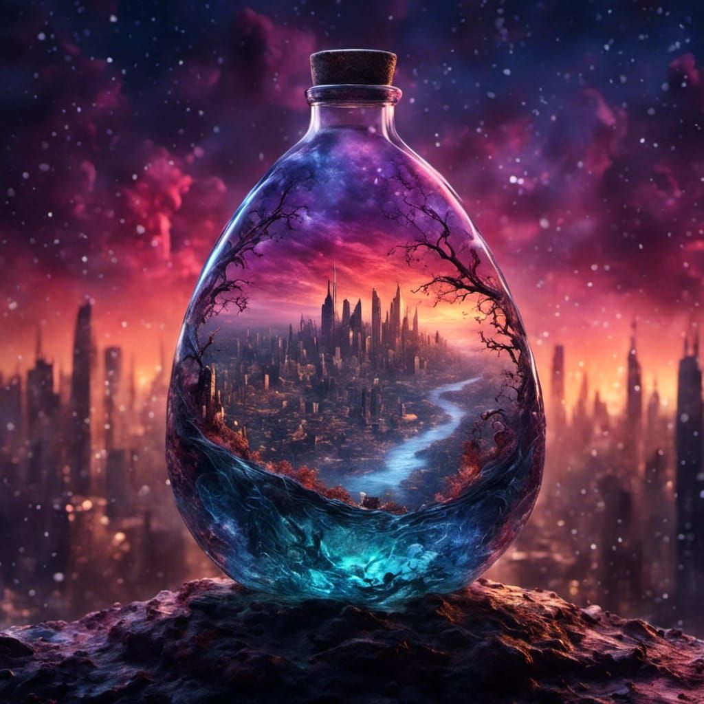 Futuristic Skyline in Teardrop Bottle: Digital Art