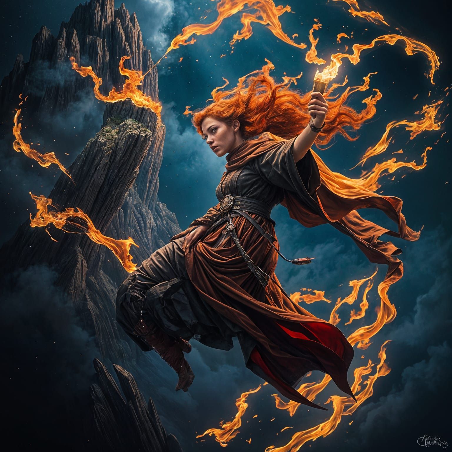 Red-Haired Woman Flies Around Fiery Mountain at Midnight