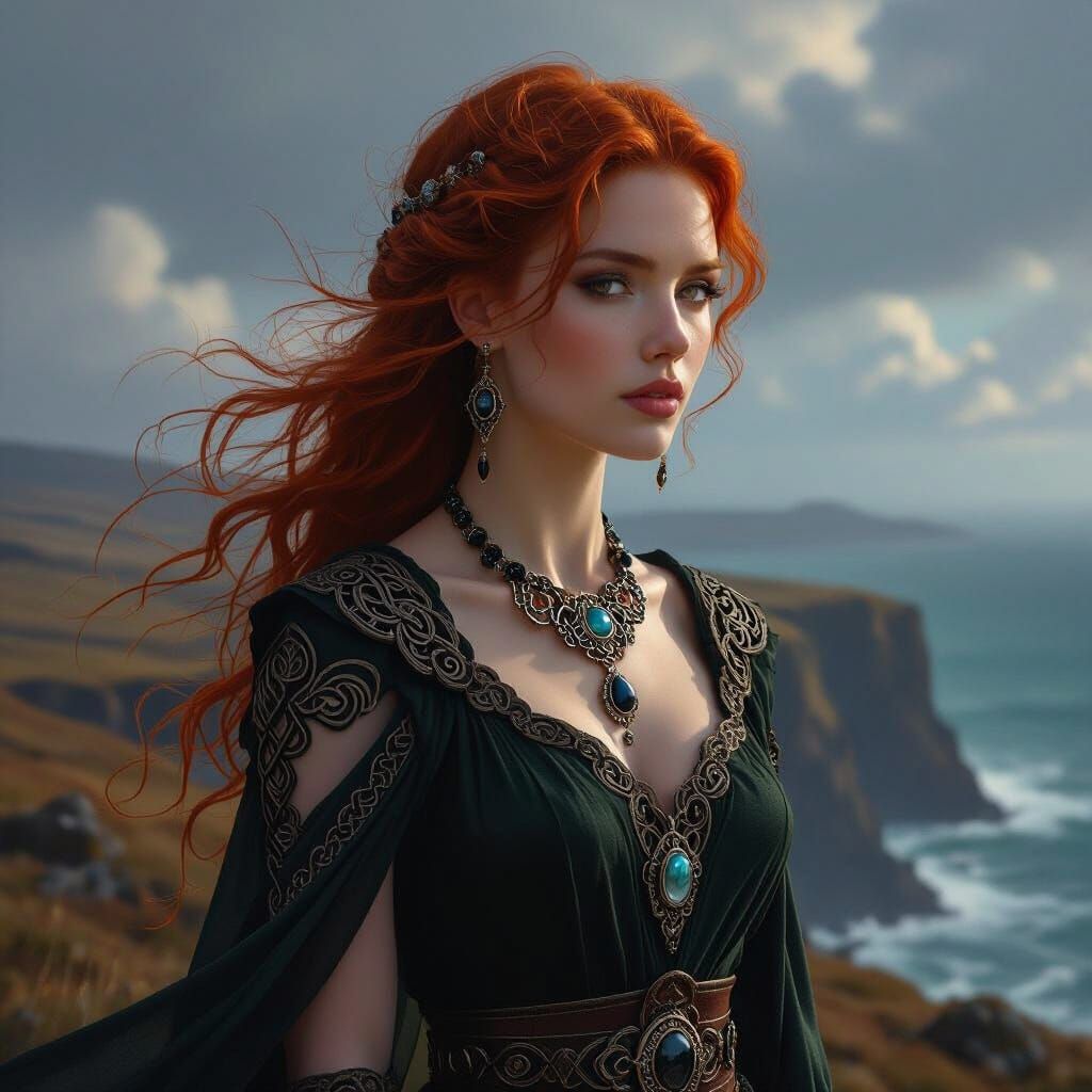 Celtic Woman on Highland Cliff in Dramatic Lighting