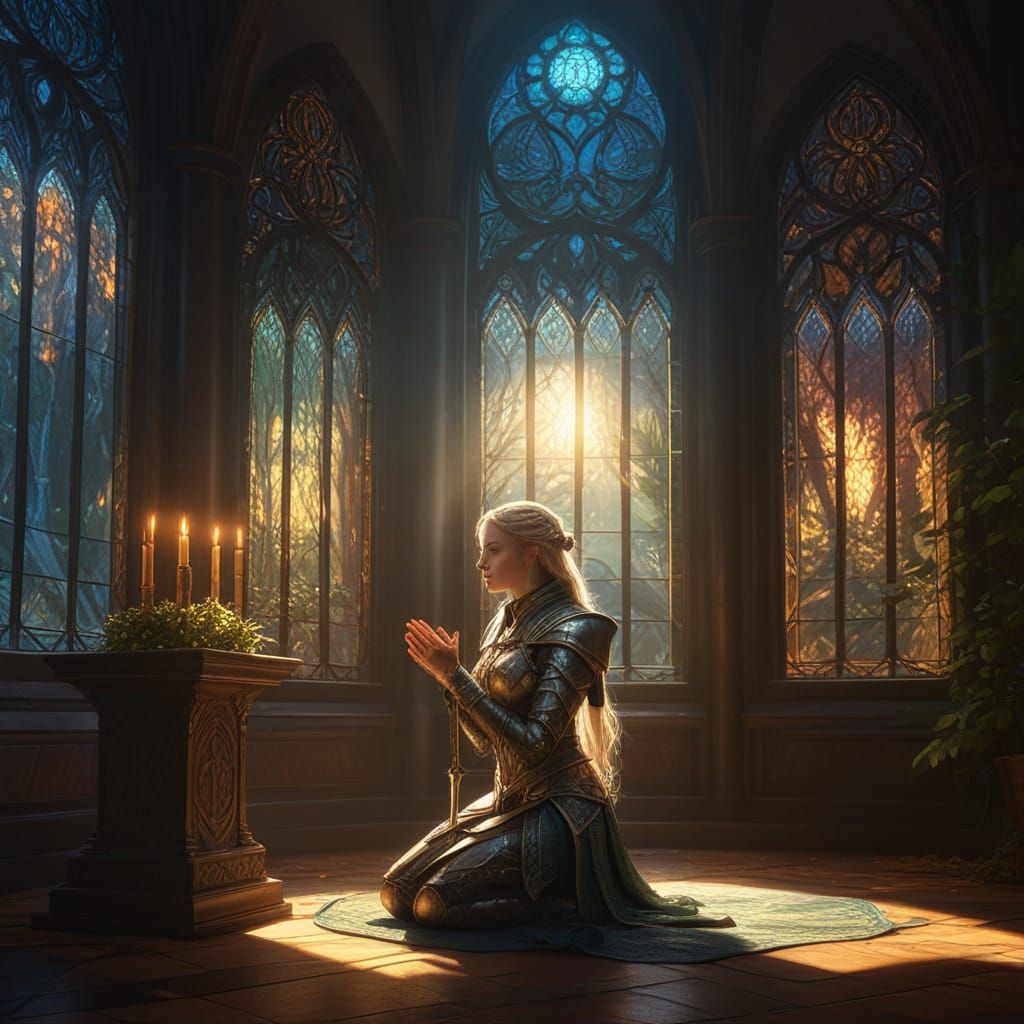 Elegant Elven Knight in Prayer Before Glowing Forest Altar