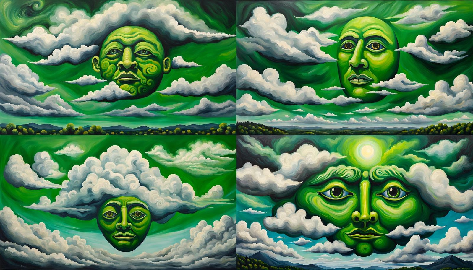 Green Face in Clouds: Pareidolia Acrylic Painting
