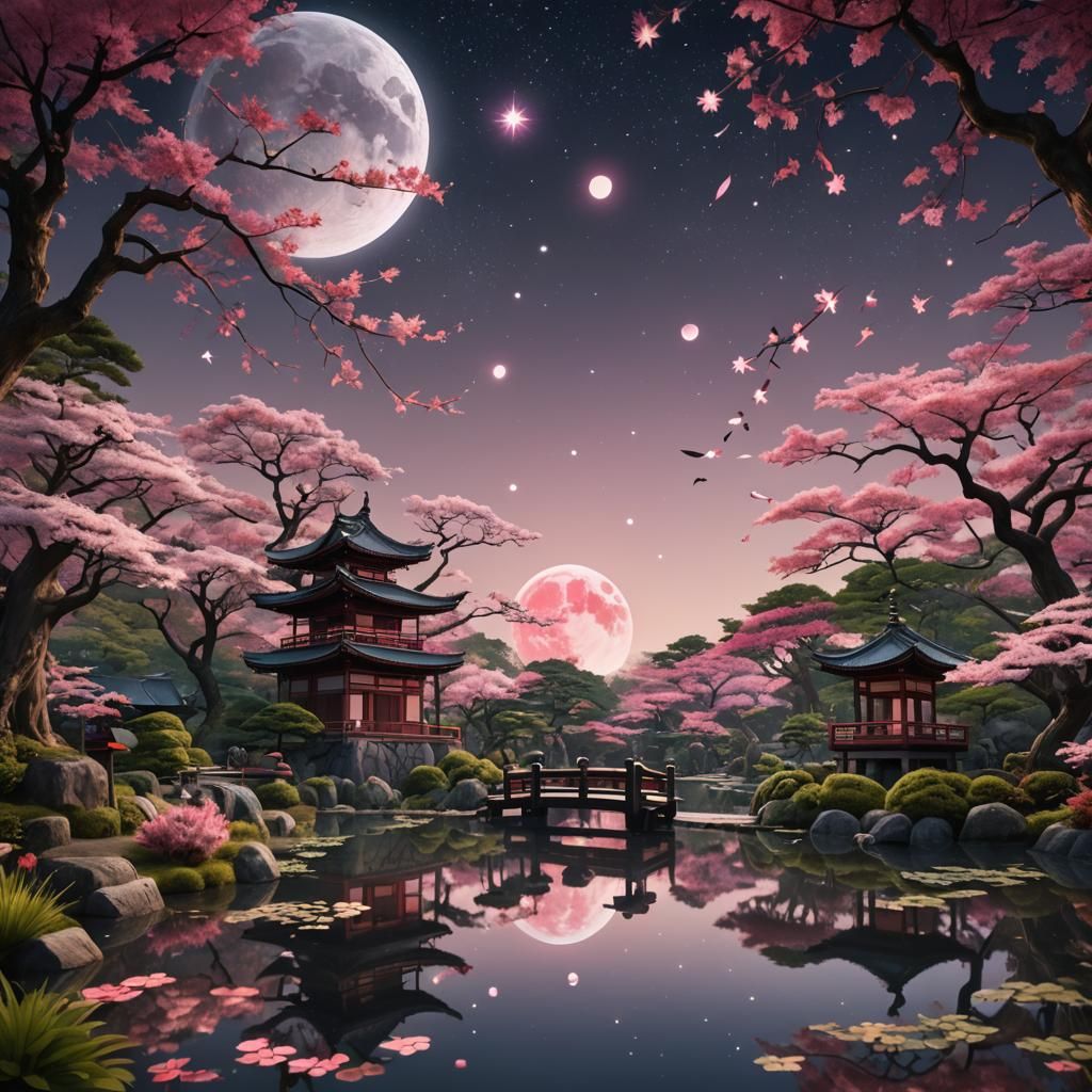Pink Moonlit Japanese Garden in 8K