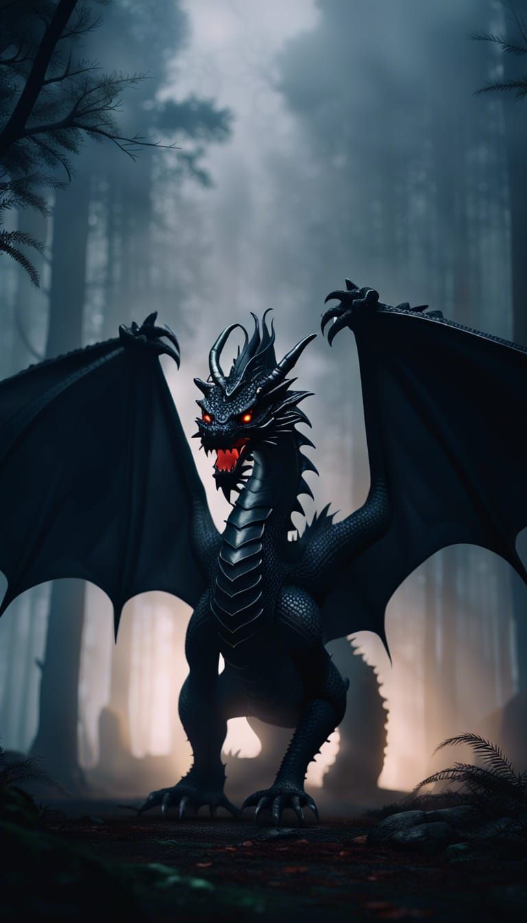 Colossal Black Dragon in Foggy Forest in 3D