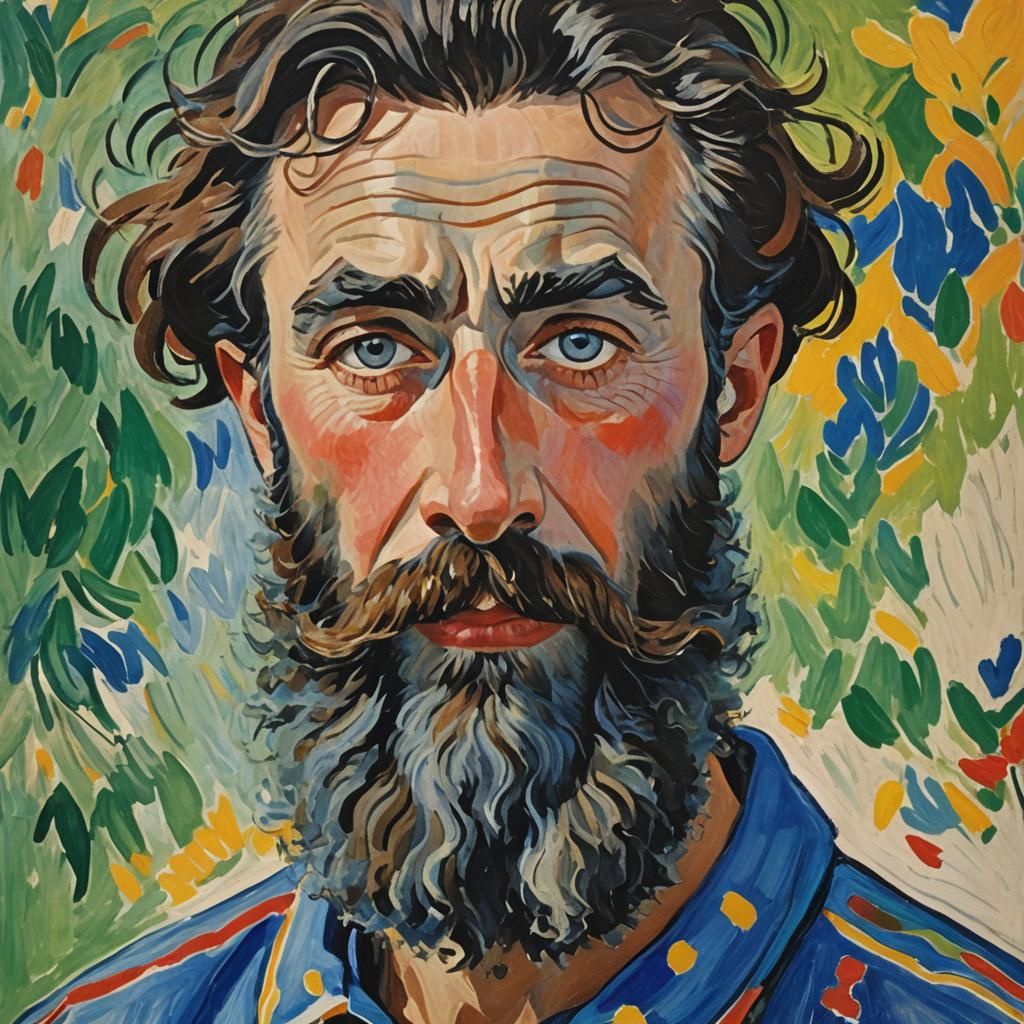 Joyful Cyclist in Fauvist Mountain Landscape