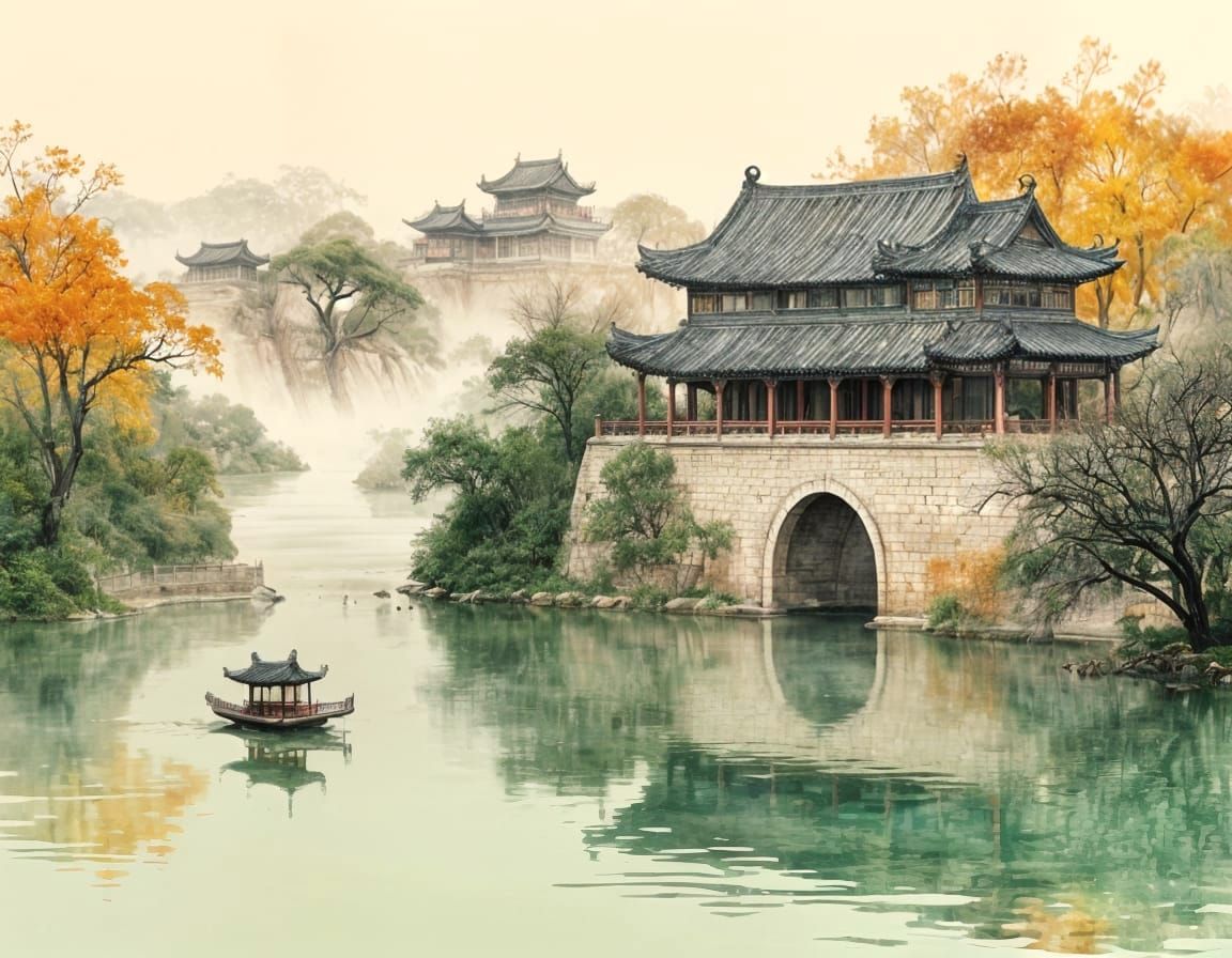 Chinese Ink Wash Painting of Summer Palace Over Mist Lake