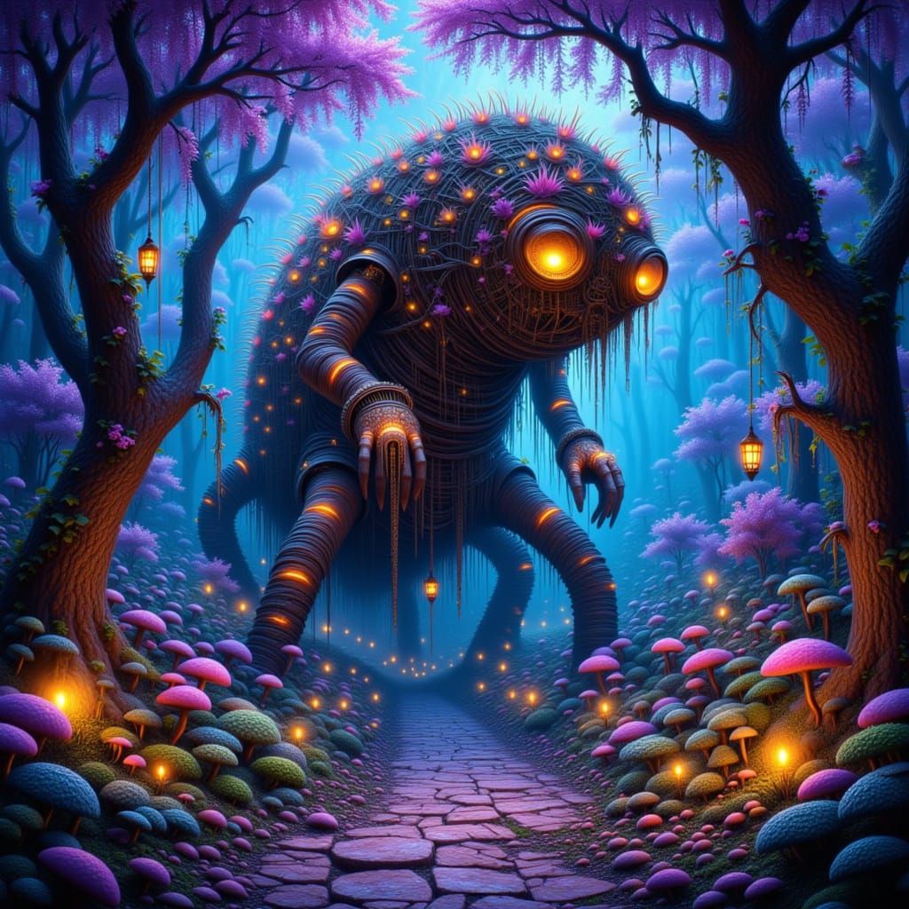 Ancient Bioluminescent Automaton Under Crystalline Trees