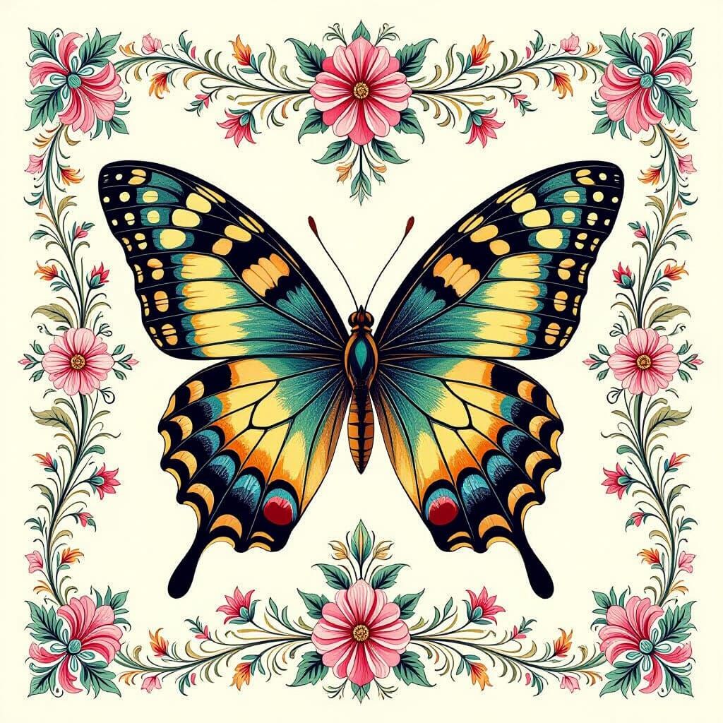 Ornate butterfly centered in a detailed floral tapestry. Wings are wide open, displaying complex markings. The image fea...