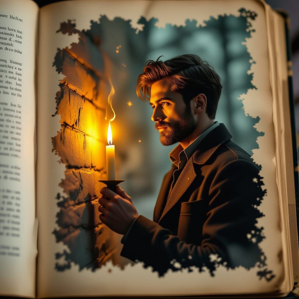 Surreal Man With Candle Illuminates Book Page
