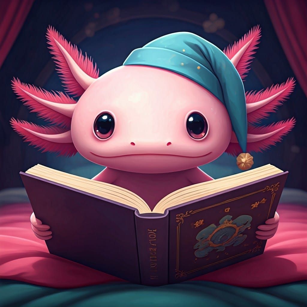 Adorable Pink Axolotl Reading in Bed, Anime Style