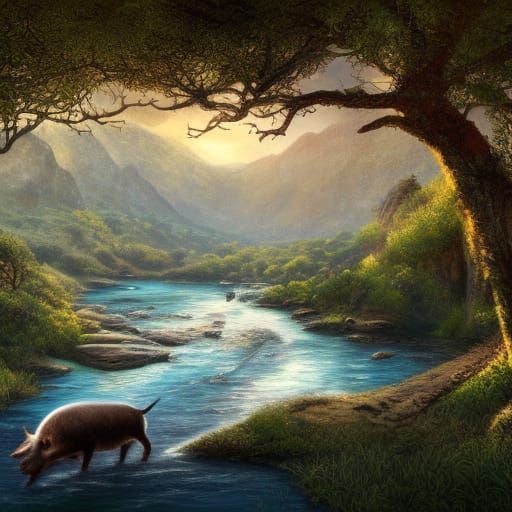 Wild Boar Crossing River in Corsica