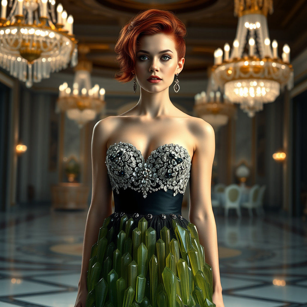 Crystal Dress in Grand Ballroom, Hyperrealistic Digital Art