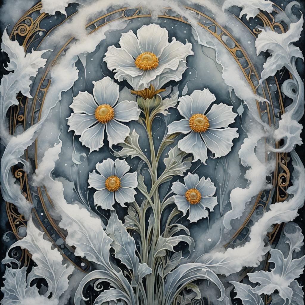 Icy Art Nouveau Flower in Gouache Style