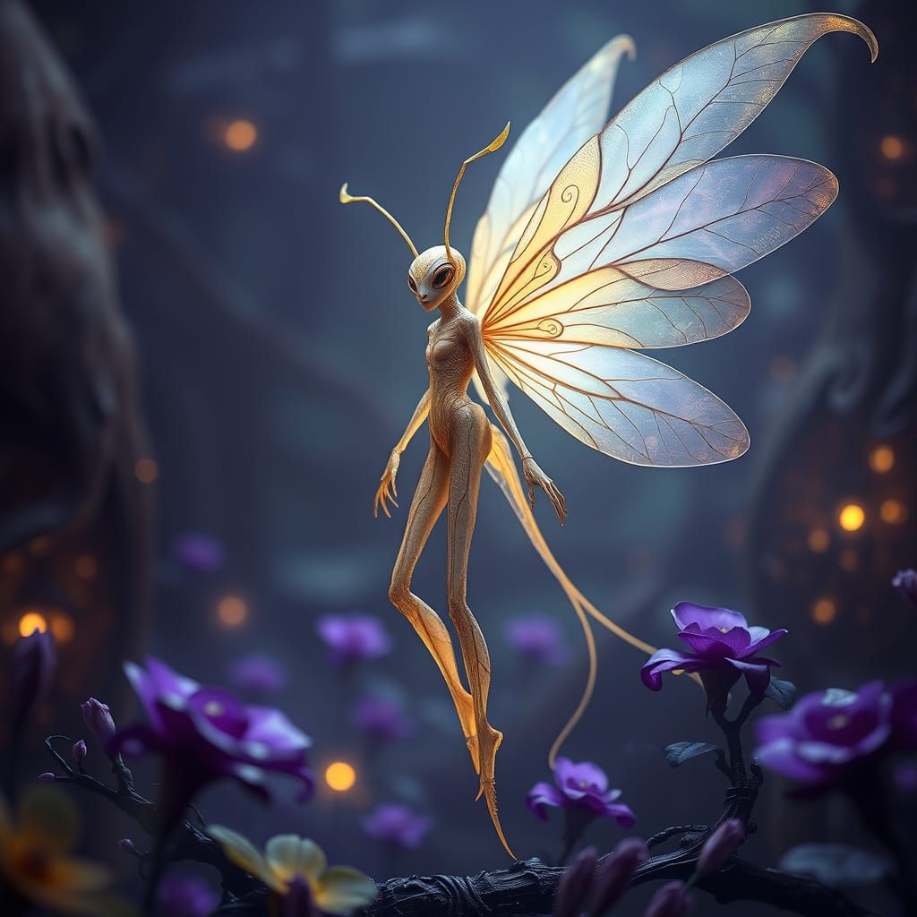 Dark Fantasy Insect-Like Fairy with Iridescent Glow