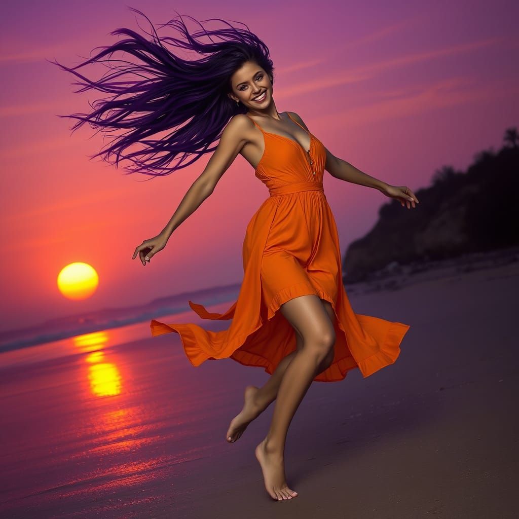 Glamorous Sunset Siren Dancing on Beach