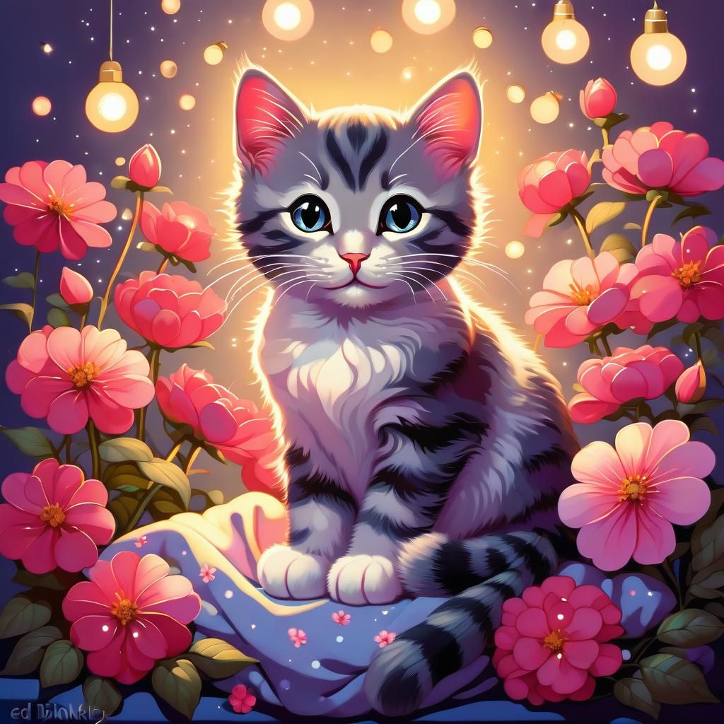 Cat on Pillow Surrounded by Flowers