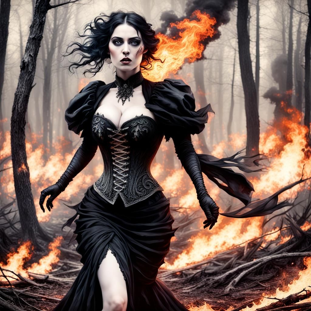 Gothic Woman Runs Through Burning Forest: 1900s Style