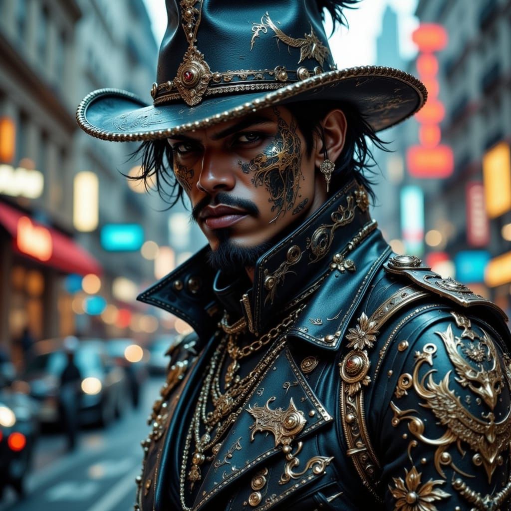 Afrocentric Urban Cowboy in Futuristic Cityscape