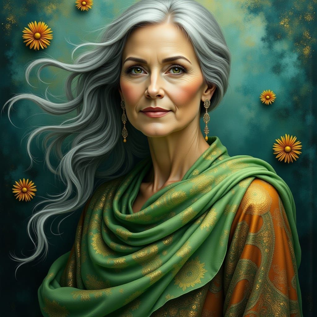 <lora:Beauty:1.0> Flowing green orange dress <lora:GREENapple:1.0> on a stunning mature woman with long grey hair <lora:...