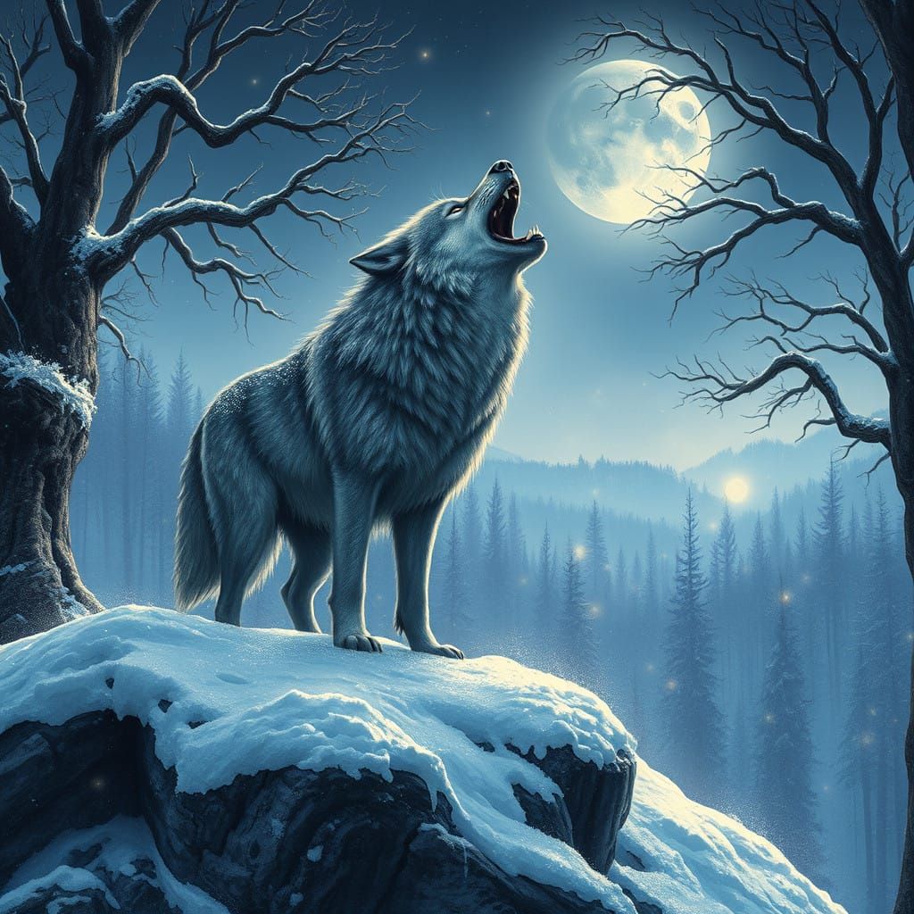 Wolf Howls Under the Moonlit Snowy Landscape