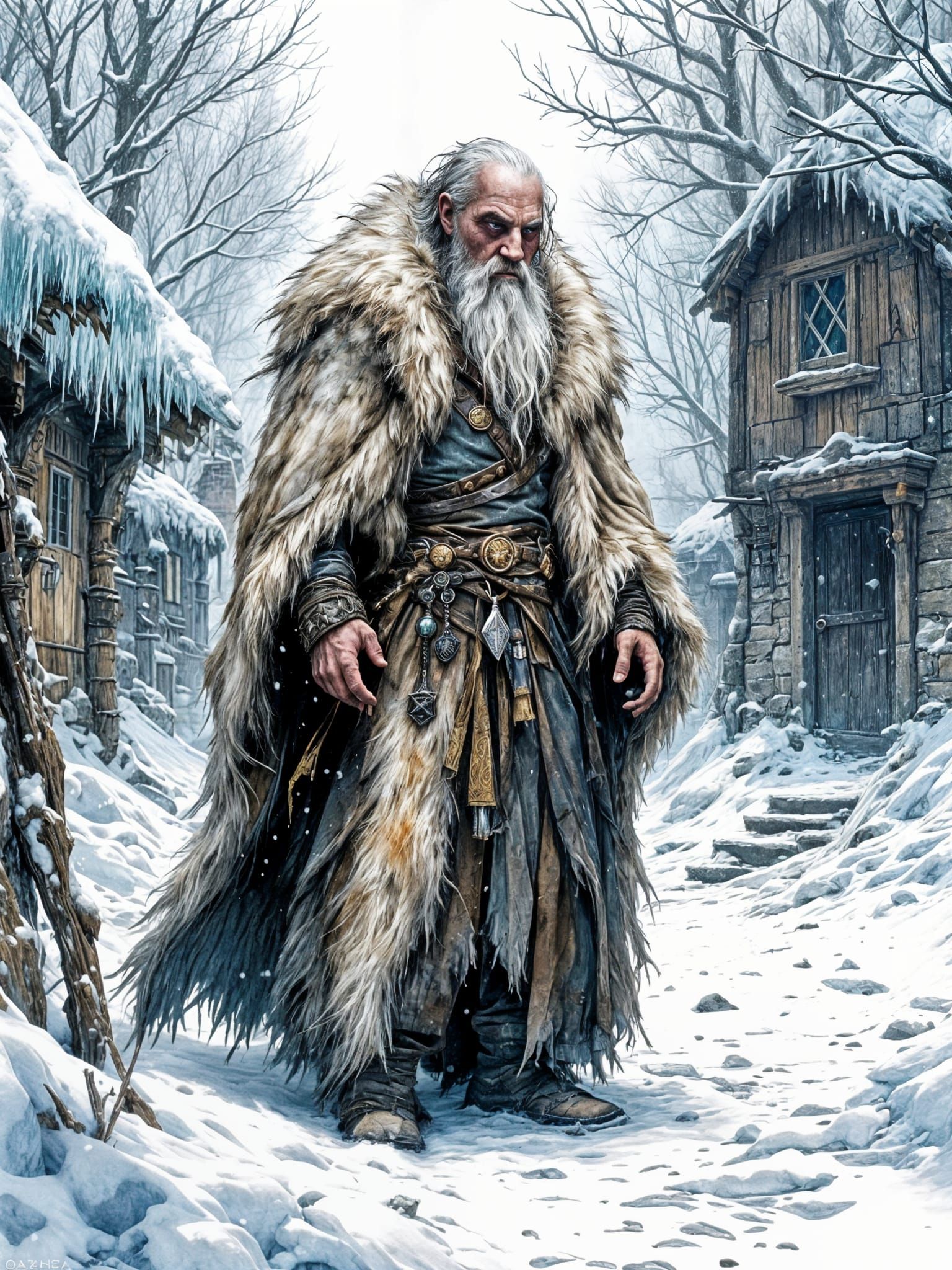 Ancient Norse Cleric in Winter Wilderness