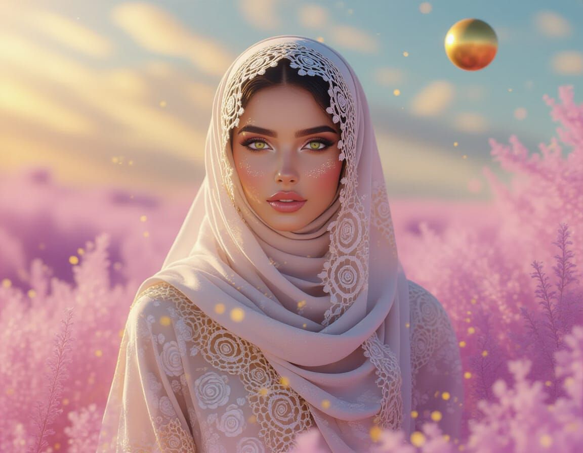 Bedouin Woman in Golden Pollen: Hyperrealistic 3D Art
