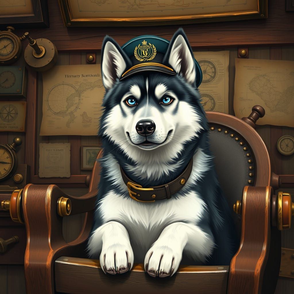 Cyberpunk Husky Captain in Vintage Nautical Chair