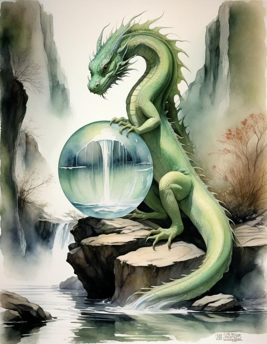 Sacred Chinese Dragon with Orb, Watercolor Painting