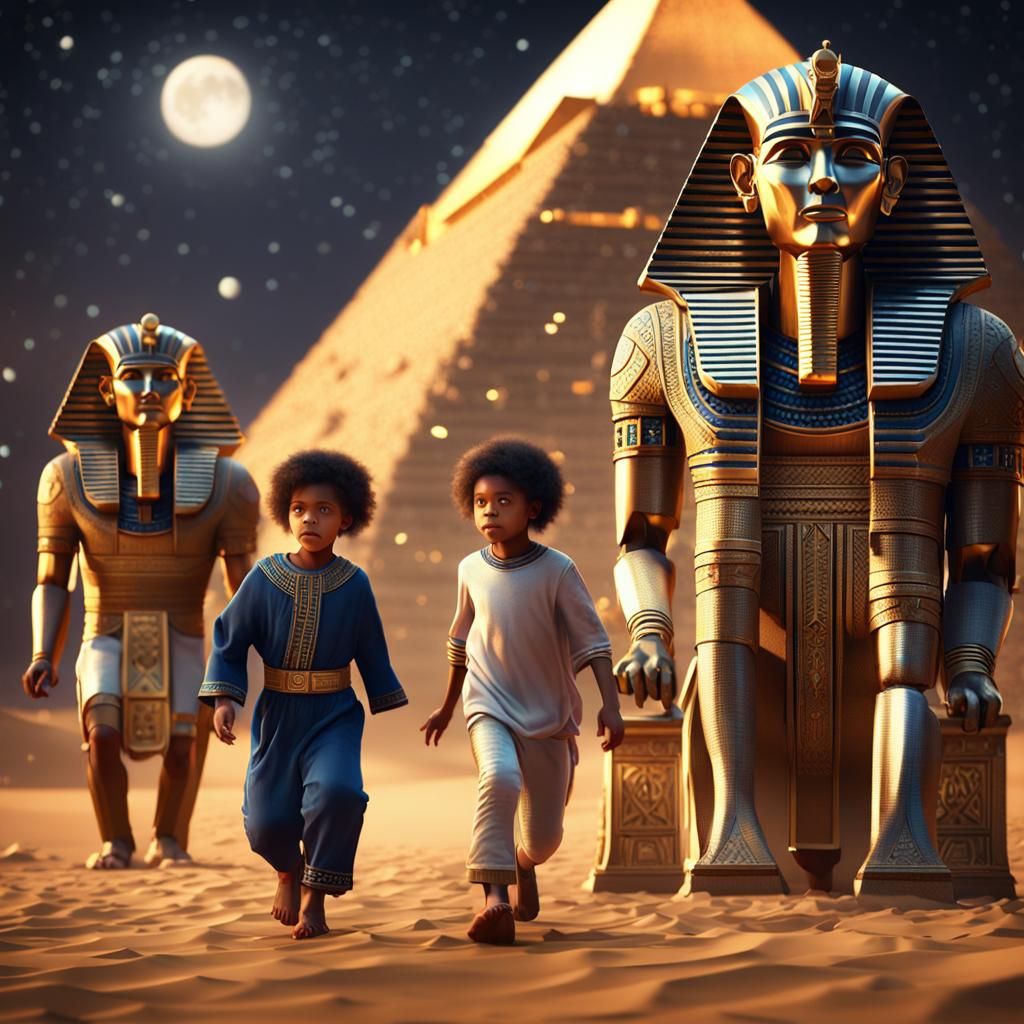 Jewish Children Chase Pharaoh: Epic Sci-Fi Scene