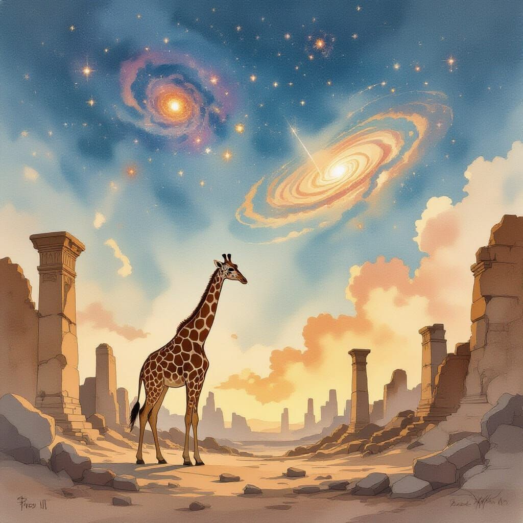 Giraffe Among Ancient Ruins Under Cosmic Sky