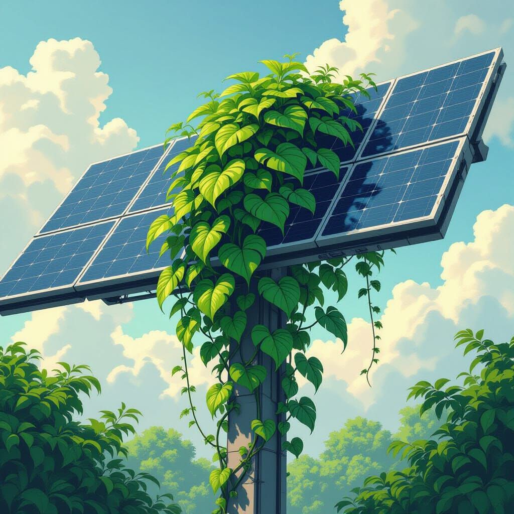 Lush Plant Grows on Modern Solar Panels in Dystopian Style