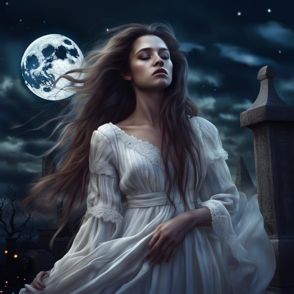 Melancholy Woman in Cemetery at Night