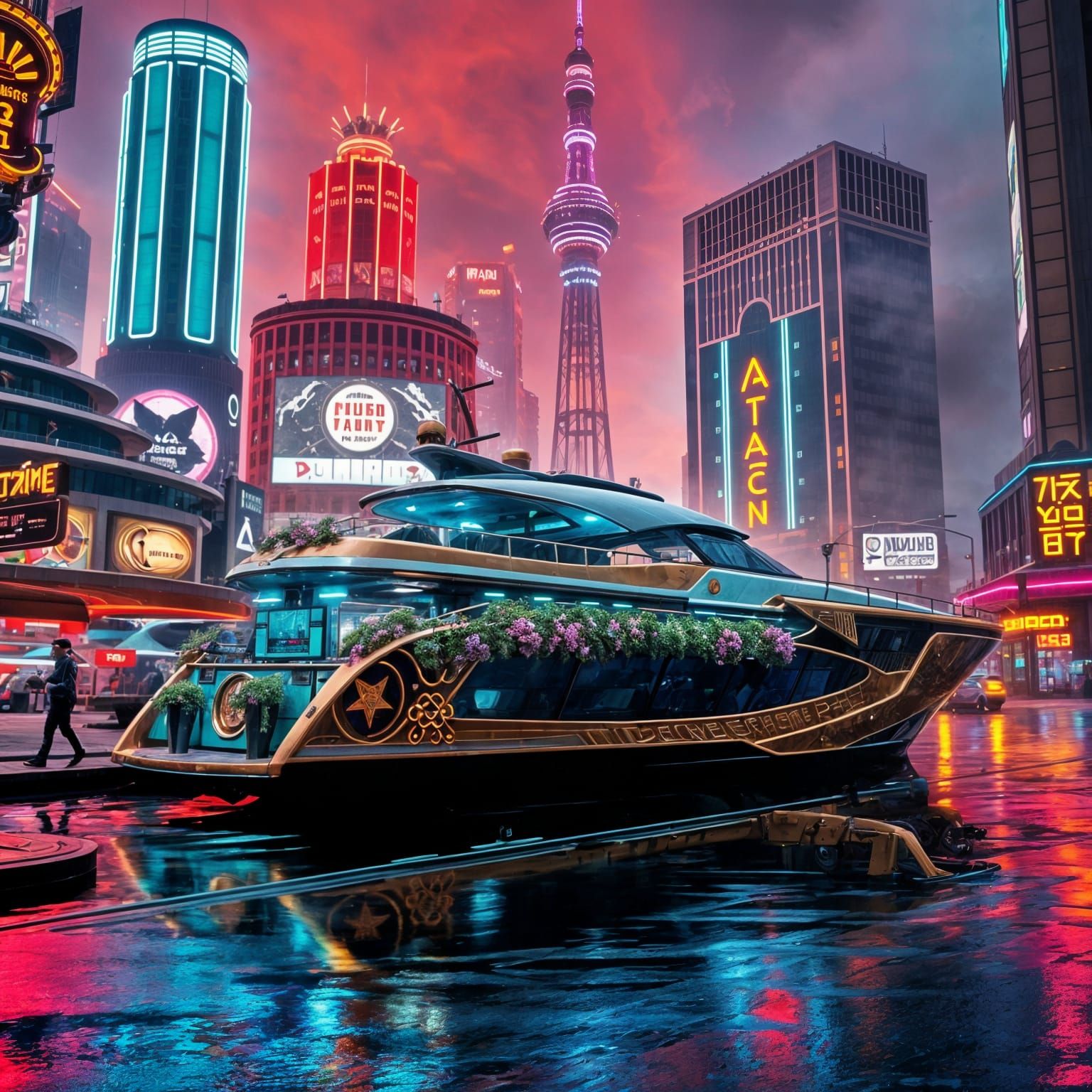 Solarpunk Yacht Rides Main Street in a Neon Steampunk Utopia