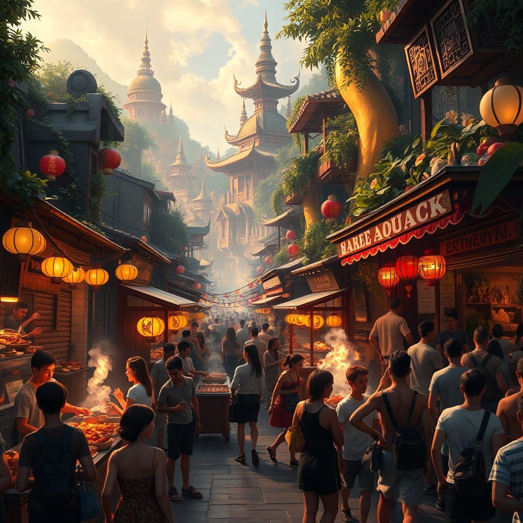 Vibrant Street Food Scene in Fantastical Cityscape