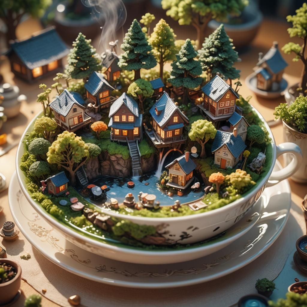 Miniature World Inside Steaming Teacup: 3D Anime Art