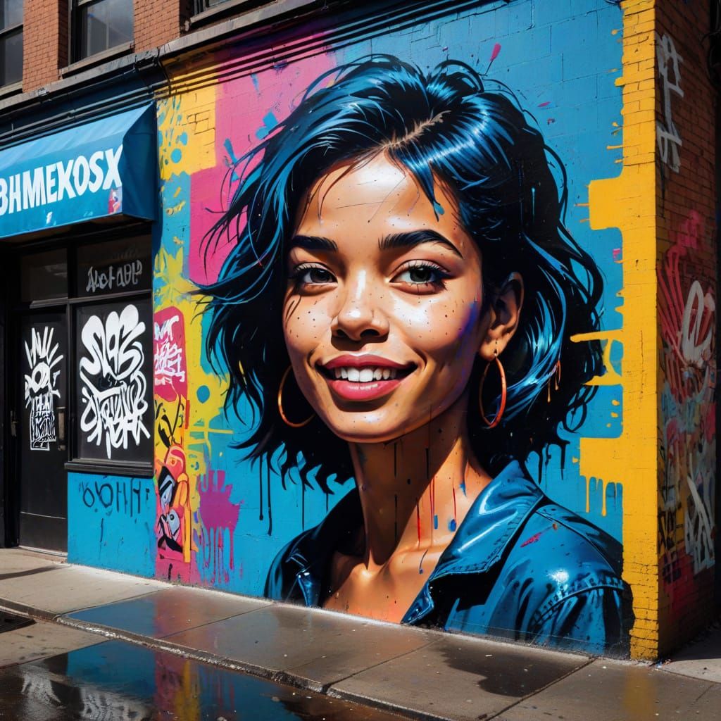 Enigmatic City Siren in Vibrant Street Art Style