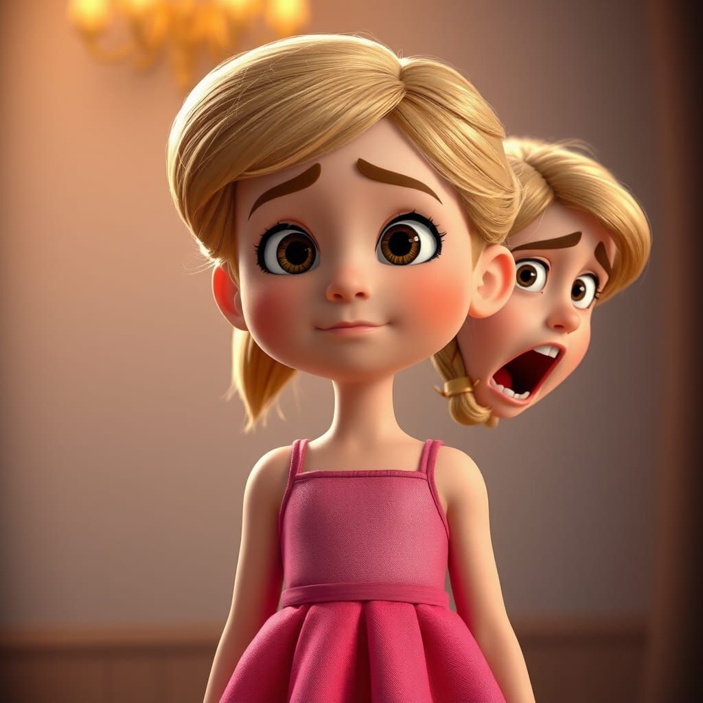 Girl with Four Emotions in Pixar Cartoon Style