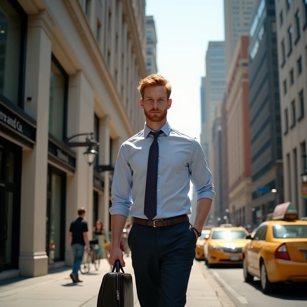 Confident Red-Haired Man with Briefcase in Business District