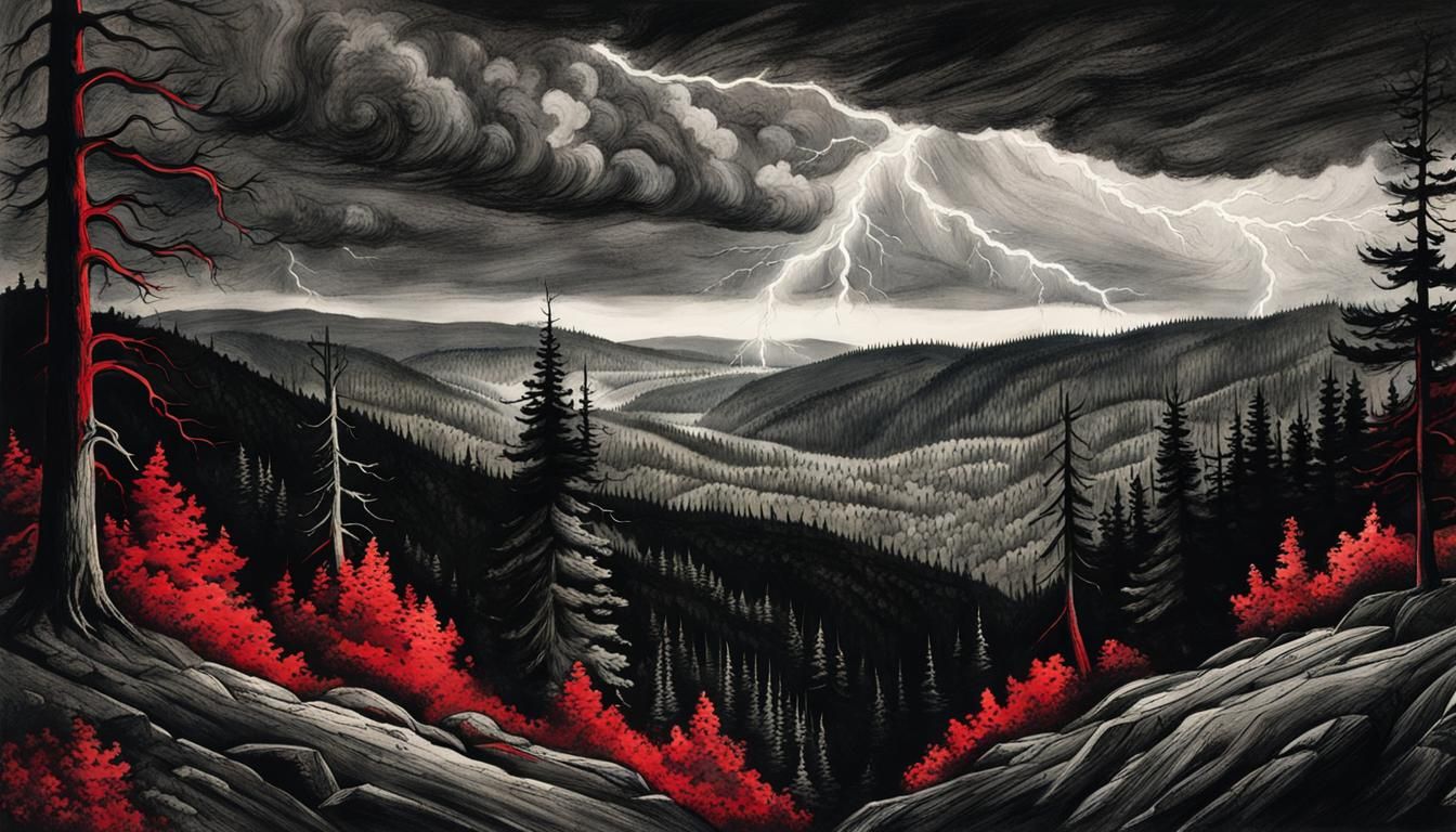 Old Growth Forest Charcoal Drawing with Thunderstorm