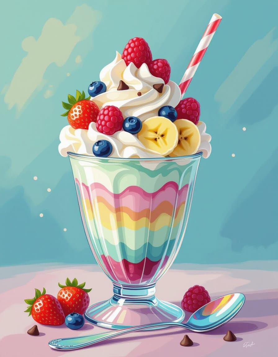 Mint Chocolate Sundae with Berries in Pastel Watercolor Styl...