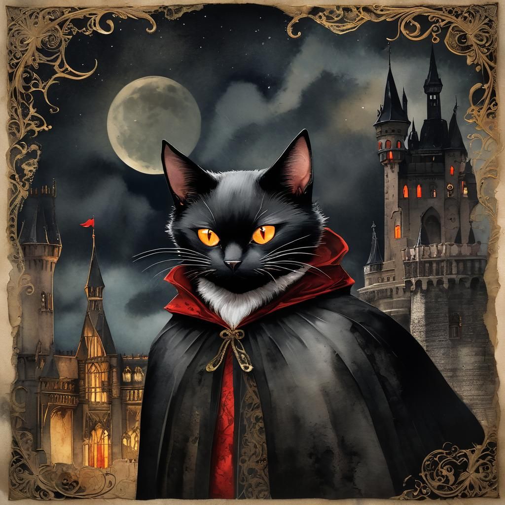 Watercolor Cat Vampire in Dracula's Castle