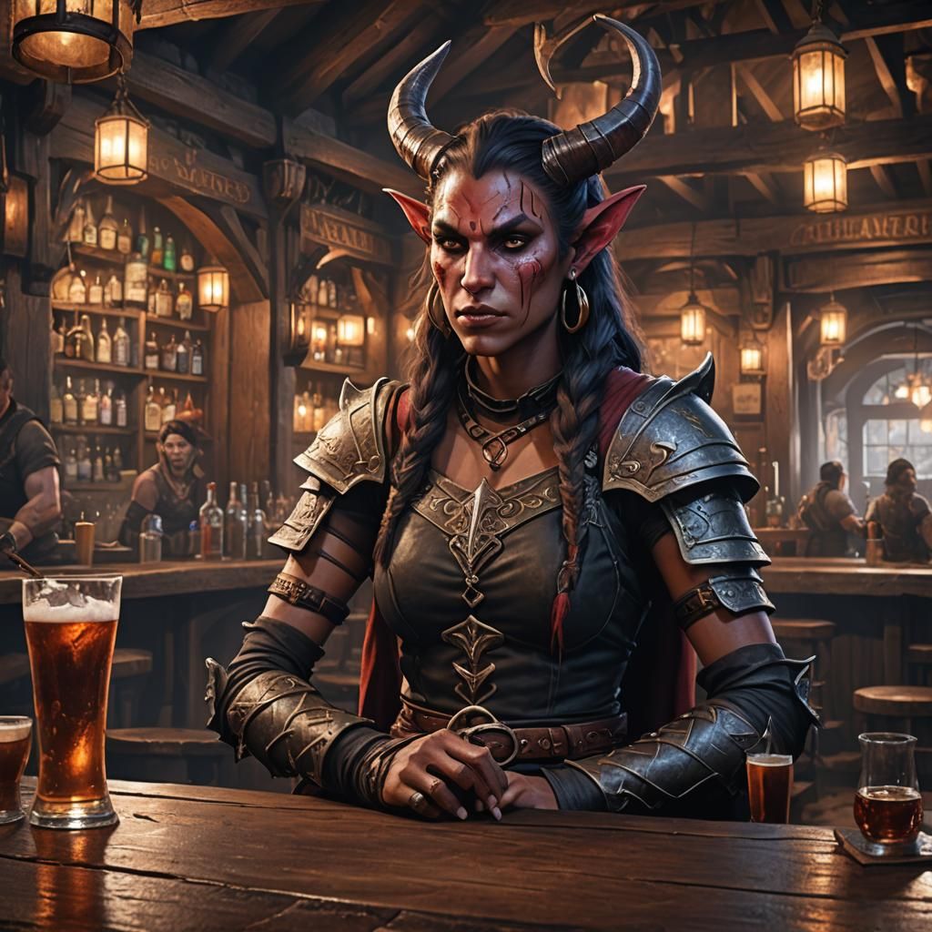 Tiefling Barbarian at Tavern Bar, Fantasy Art