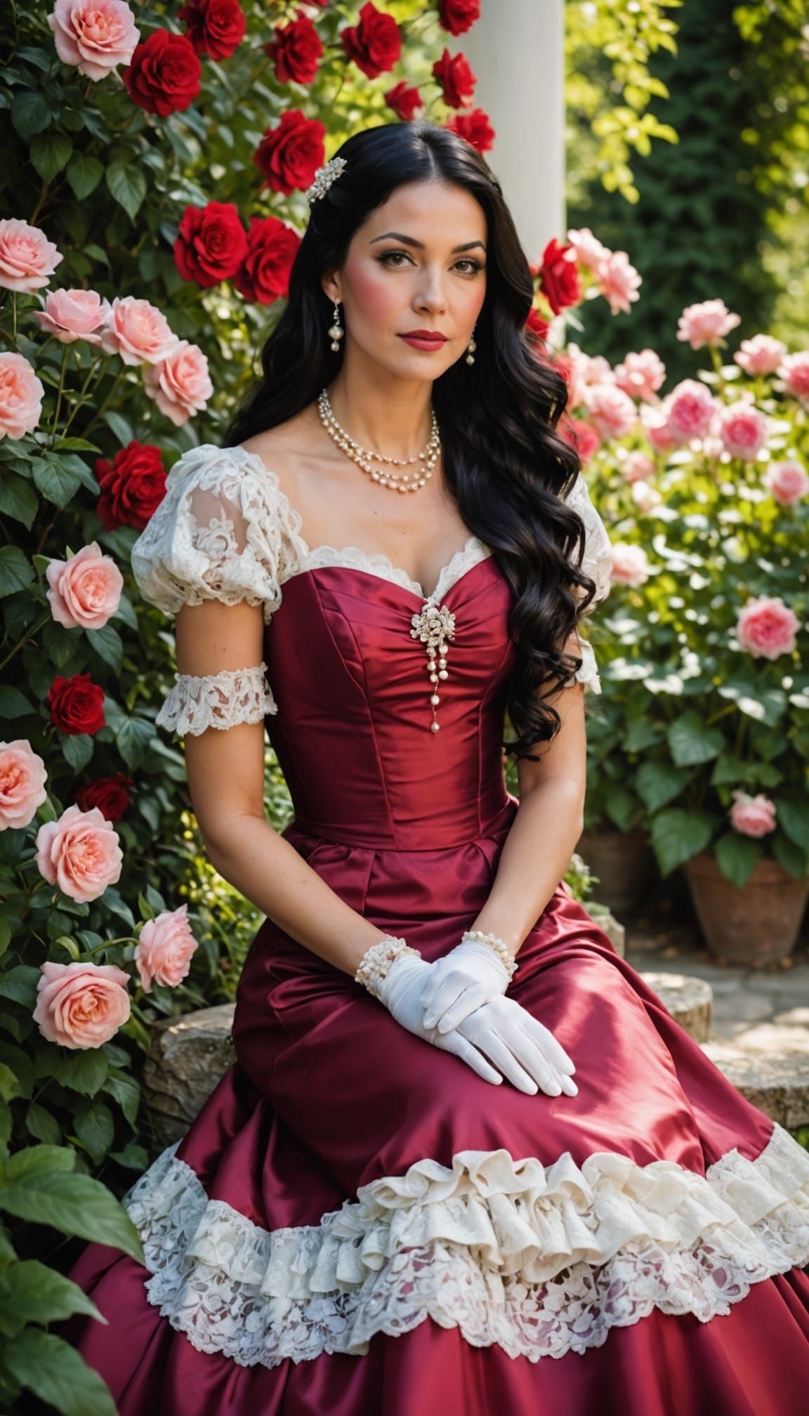 Elegant Woman in Lush Garden, Fashion Editorial Style