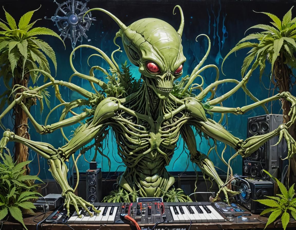 Surreal Alien Deity Composing Music in Graffiti Art