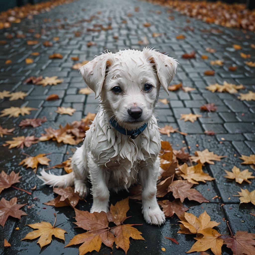Lonely Puppy in Rain: Photorealistic Film Still