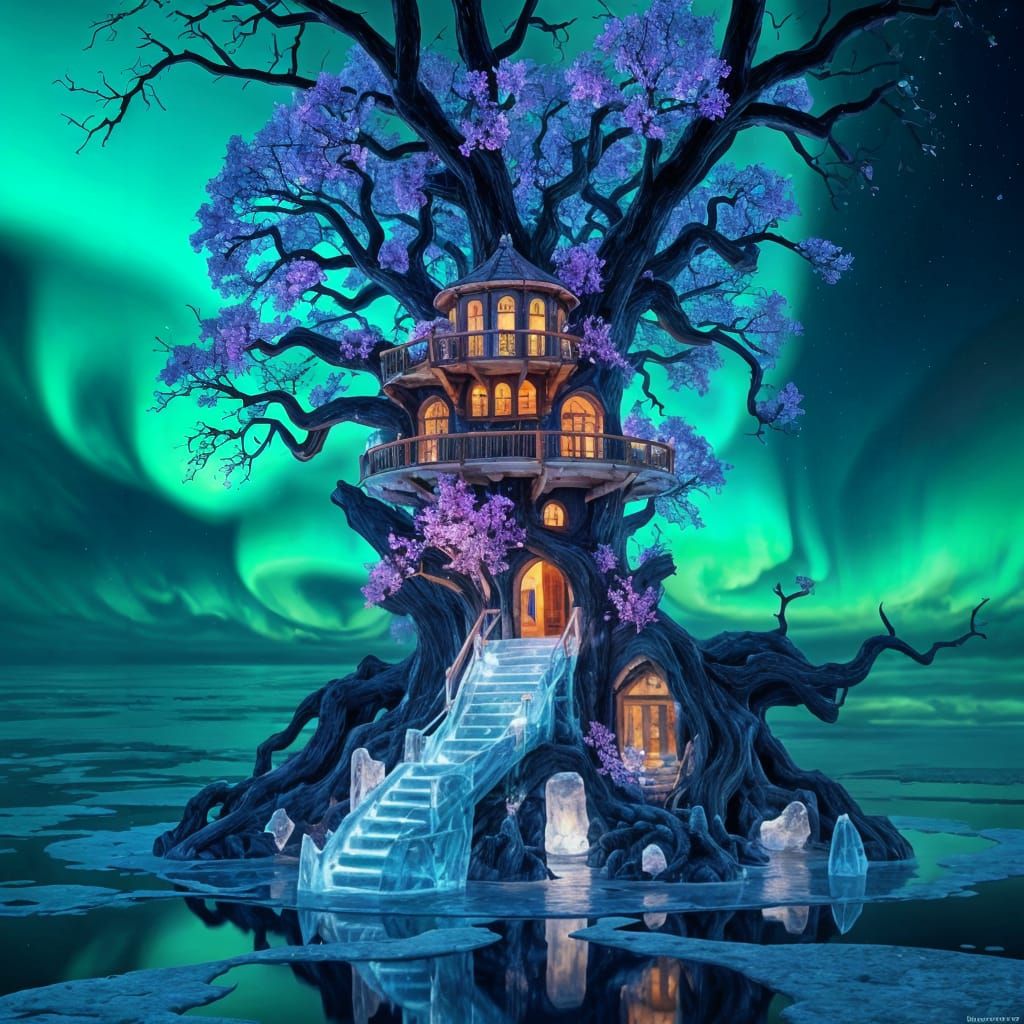 treehouse over the ocean built in A huge Unreal looking tree. The treehouse is very tall and has several floors. The lea...