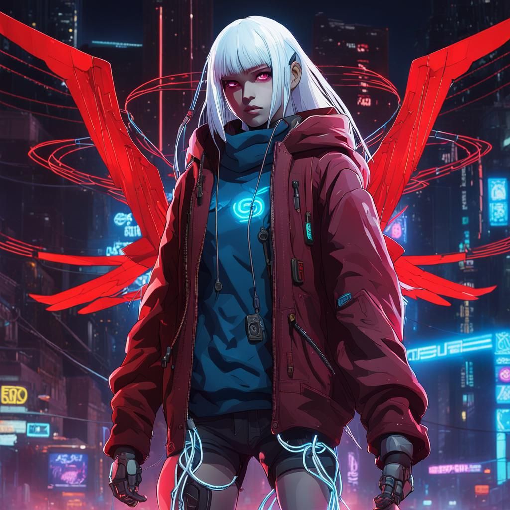 Cyberpunk Robot Girl with Neon Wings