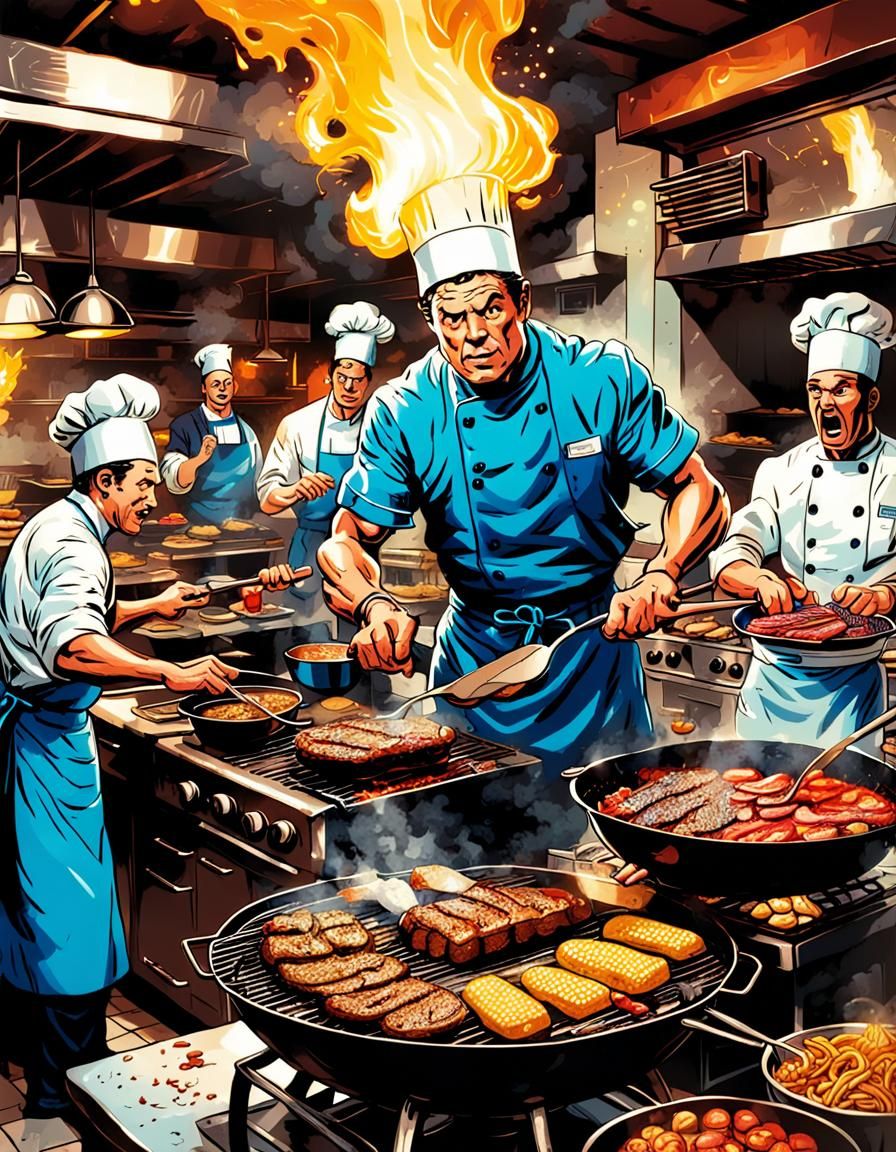 BBQ Restaurant Kitchen Action in Retro Comic Style