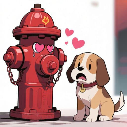 Obsessed Fire Hydrant Pursues Scared Dog in Anime Style