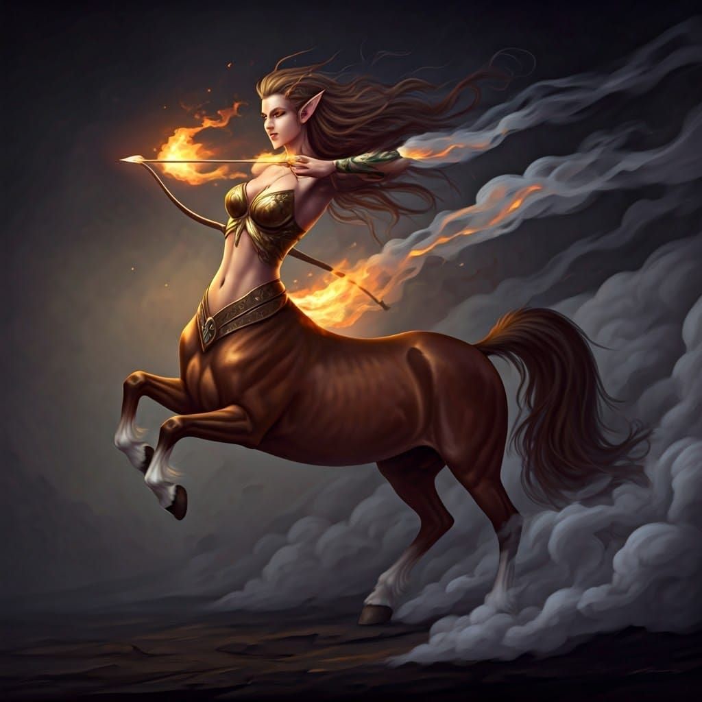 Dynamic Centaur Elf Archer Amidst Fire and Smoke